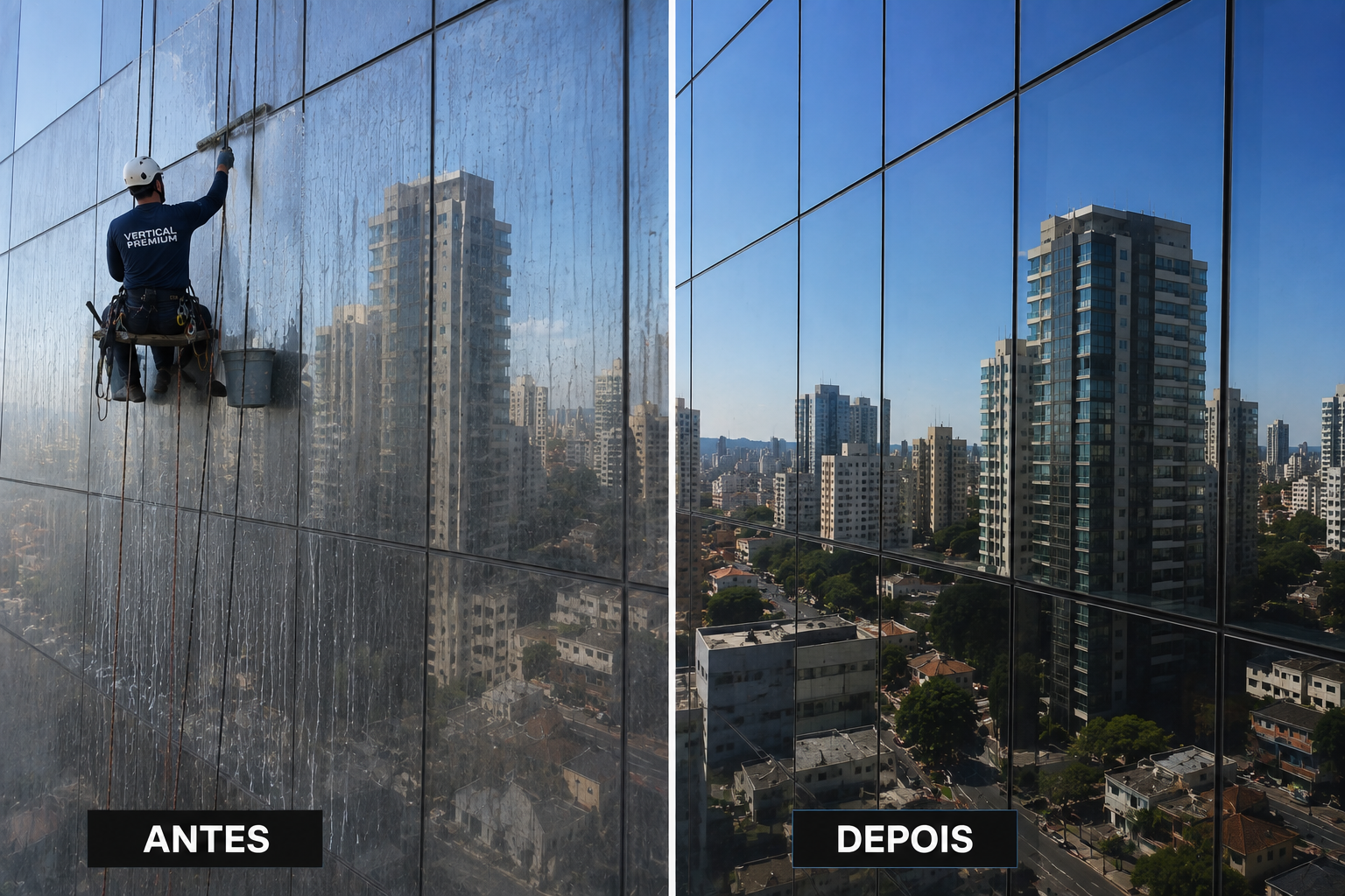 Vidros em altura — antes e depois da limpeza