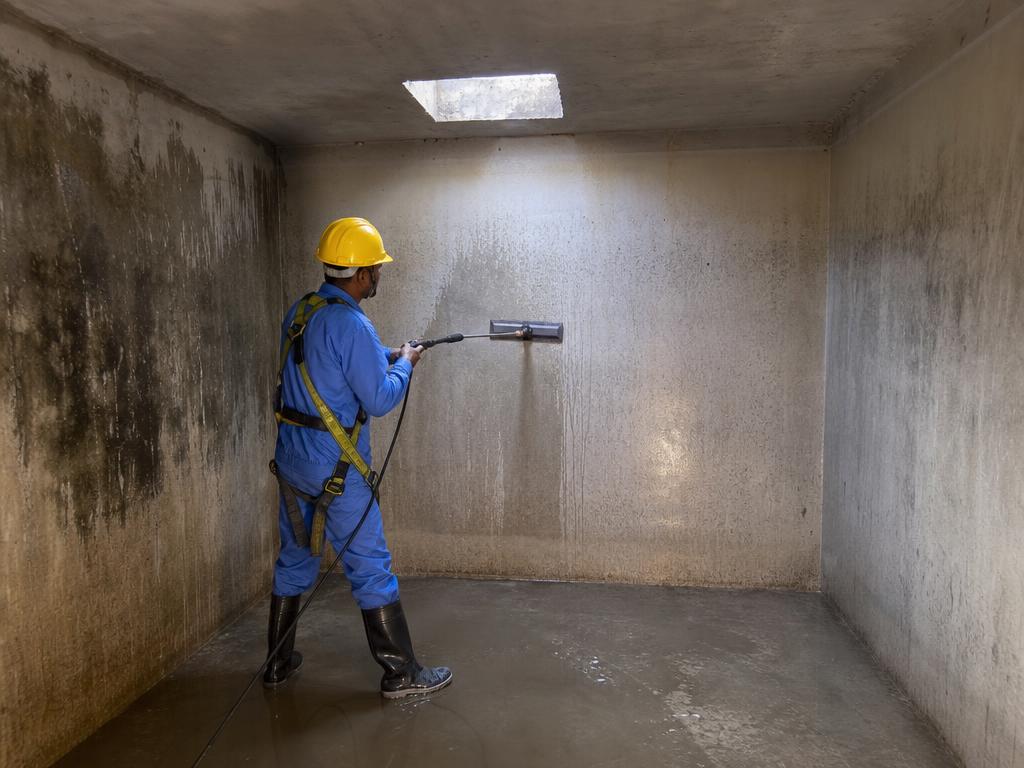 Profissional limpando o interior de uma caixa d'água